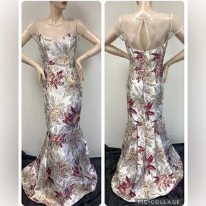 Aidan Mattox jacquard short sleeve mesh top long gown